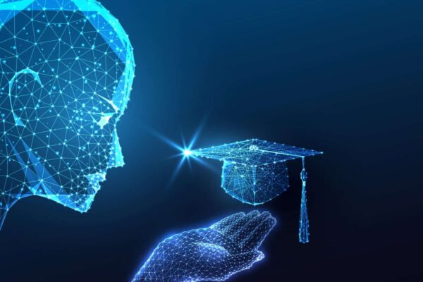 Conceptual image of a computer AI system holding a college graduate cap