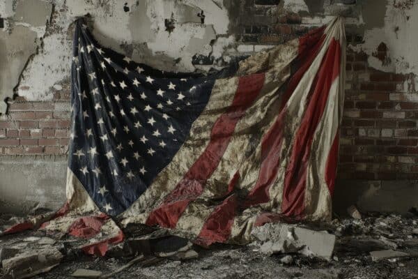 Tattered American flag hangs on a damaged brick wall