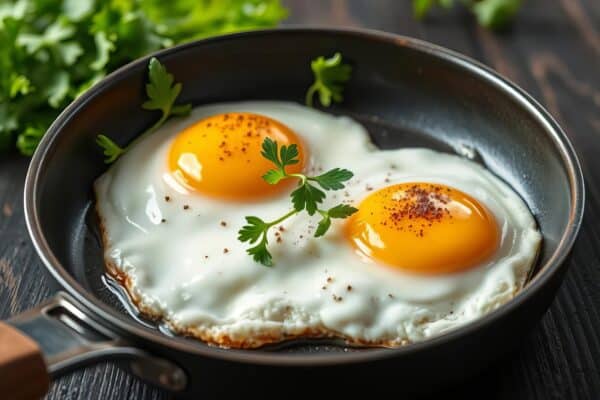 Two eggs sunny side up in a frying pan