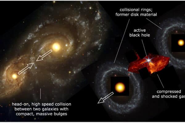 The ∞ galaxy is interpreted as the aftermath of a nearly head-on collision between two face-on disk galaxies with massive, compact bulges.