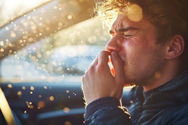 A driver sitting in a vehicle, covering their mouth as they sneeze, with dust and microplastic particles visibly floating in the air.