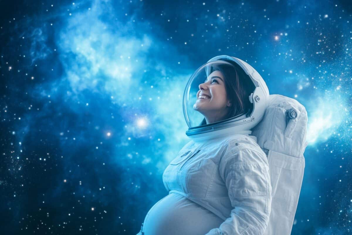 A pregnant astronaut looks at the stars