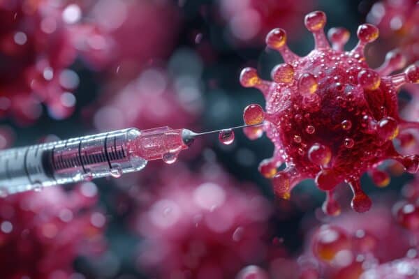Conceptual image of a vaccine injection into a cancer or virus cell