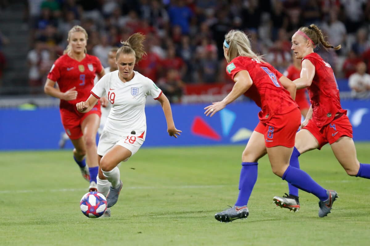 Georgia Stanway of England, Julie Ertz of USA, Becky Sauerbrunn during the FIFA Women's World Cup France 2019 semi-final football match vs England