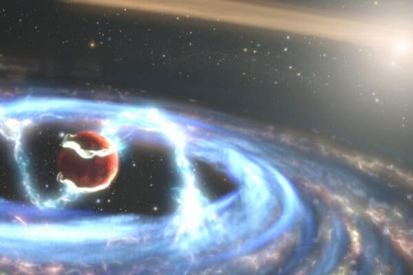 In this artist's illustration, infalling hydrogen gas causes the growing protoplanet WISPIT 2b to shine brightly in the hydrogen alpha spectrum