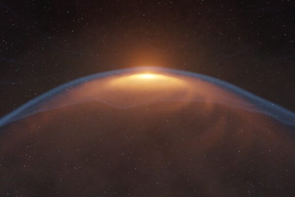 Artist’s impression of a protoplanetary disk distorted by a shock front created by an expanding bubble.