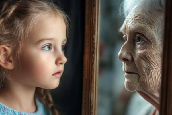 A young girl looks into a mirror and sees an older woman.