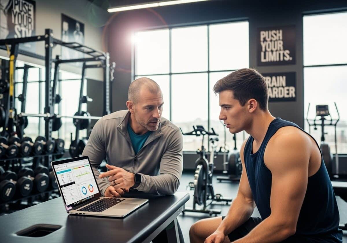 A coach talks to an athlete during training, showing him stats and data