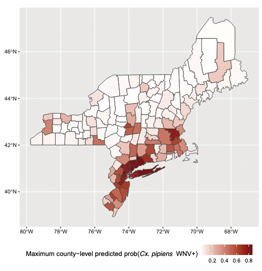 Map of maximum predicted county-level West Nile virus detection probabilities in Culex pipiens mosquitoes.