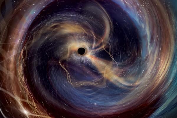 This artwork imagines the ultimate front-row seat for GW250114, a powerful collision between two black holes observed in gravitational waves by the US National Science Foundation LIGO.