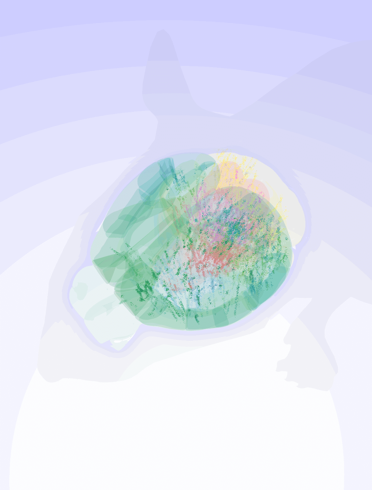 Outline of a mouse brain showing 75,000 analyzed neurons, each dot is linearly scaled according to the raw average firing rate of that neuron up to a maximum size.