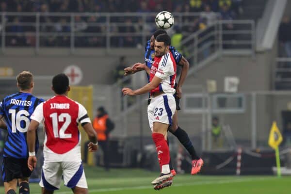 Denzel Dumfries (FC Inter) and Mikel Merino (Arsenal FC) head shot battle during soccer game FC Inter vs Arsenal FC.