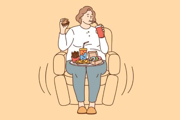 Sketch of woman eating junk food and processed foods