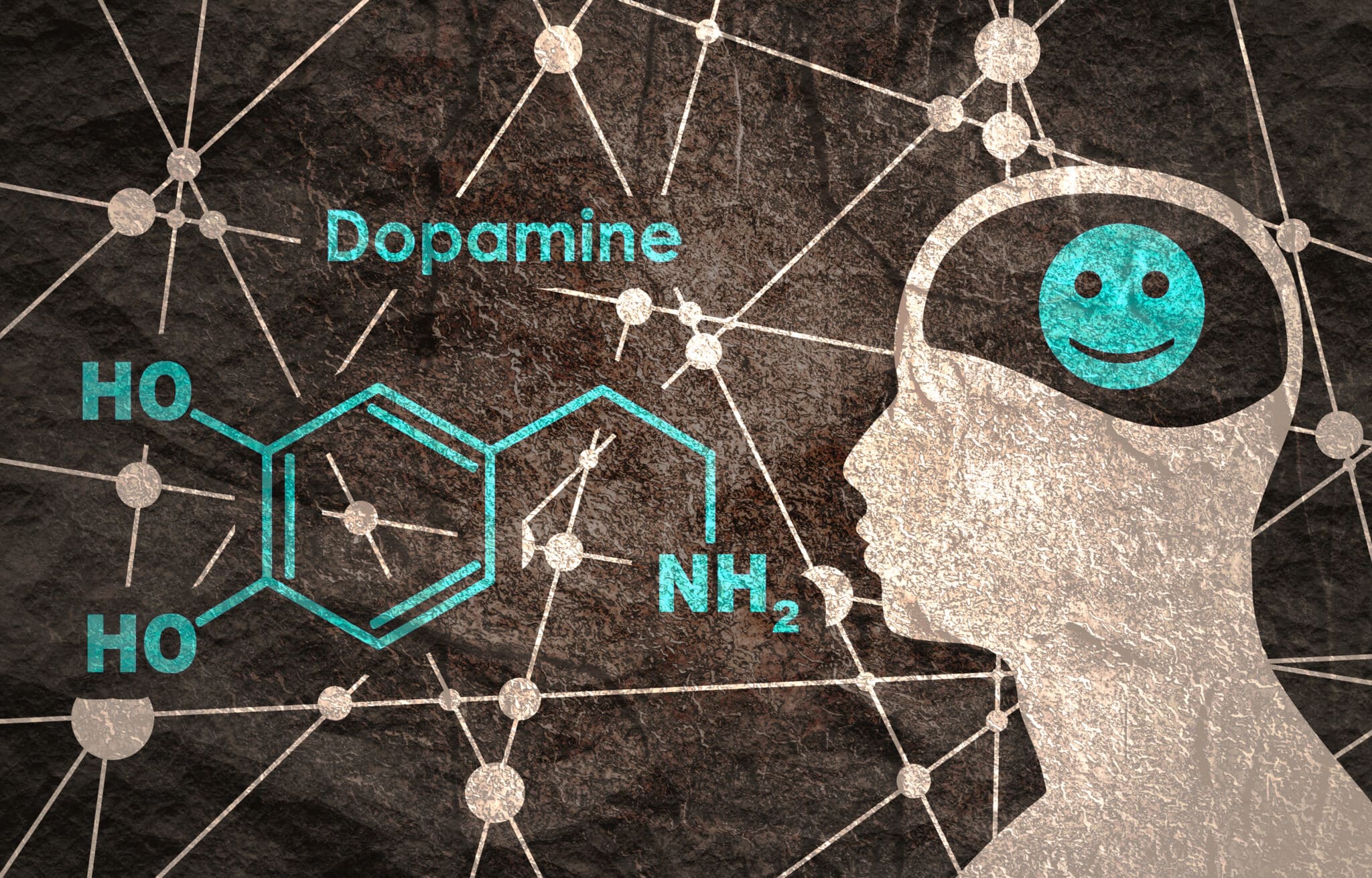 Dopamine formula next to a happy brain