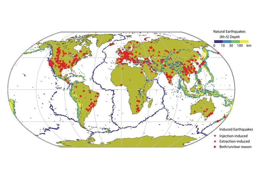Global distribution of natural and induced seismicity.