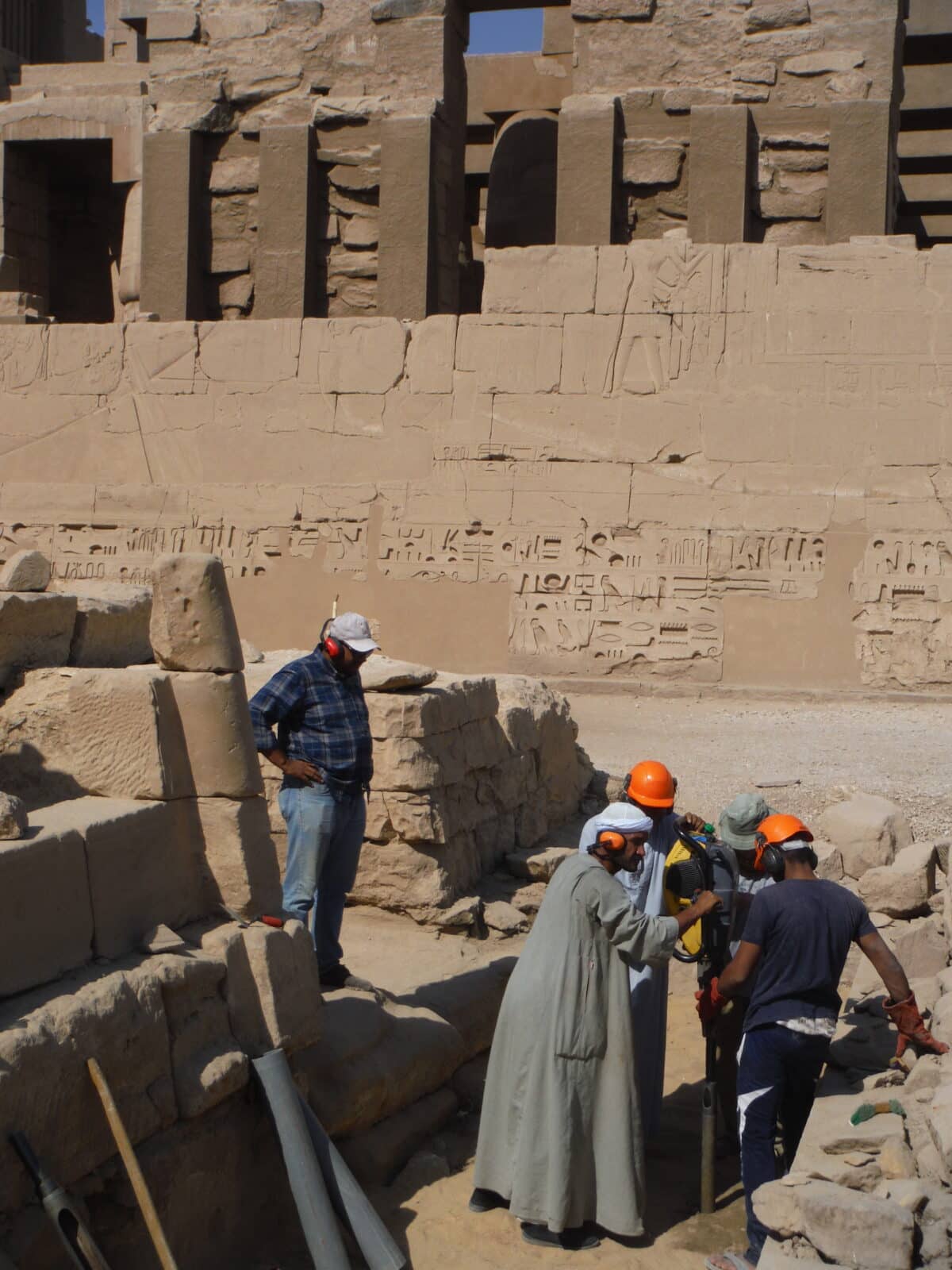 Core samples being extracted at Karnak Temple.