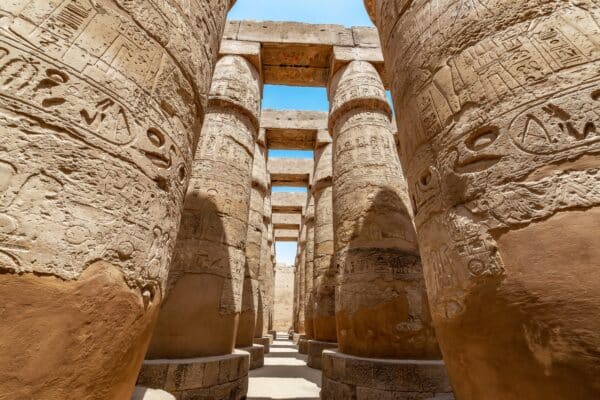 Rows of massive columns in Karnak temple in Luxor, Egypt