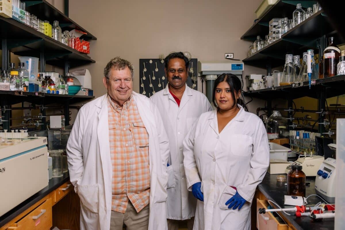William Widger, Madhan R Tirumalai, and Sahar Ali pose for a portrait in a lab at Science Center. A bacterial species, Tersicoccus phoenicis, found in spacecraft clean rooms can survive intensive antimicrobial cleaning by going dormant.