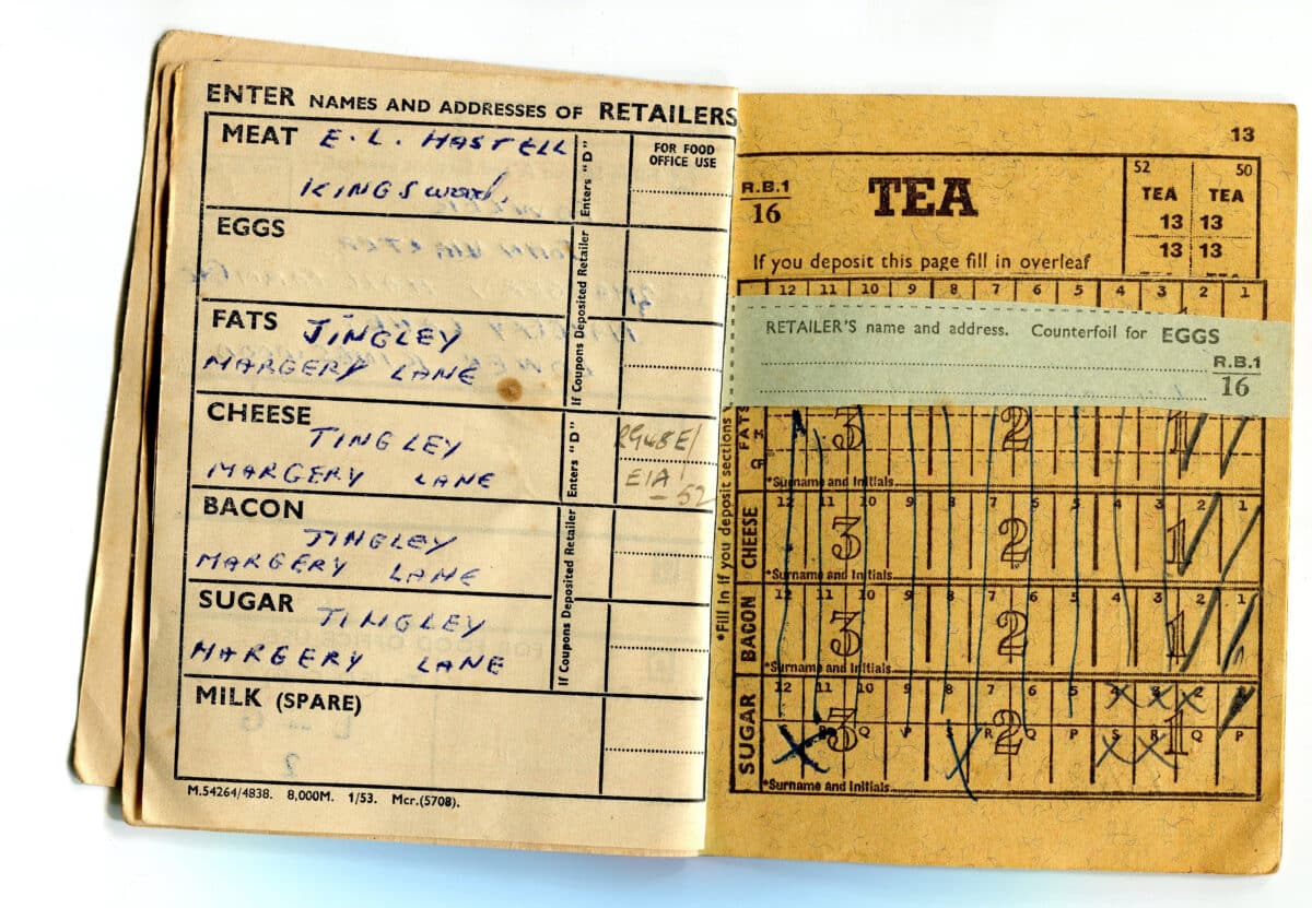 A British food ration coupon book. Introduced in 1940 during the Second World War, rationing was ended in 1954.