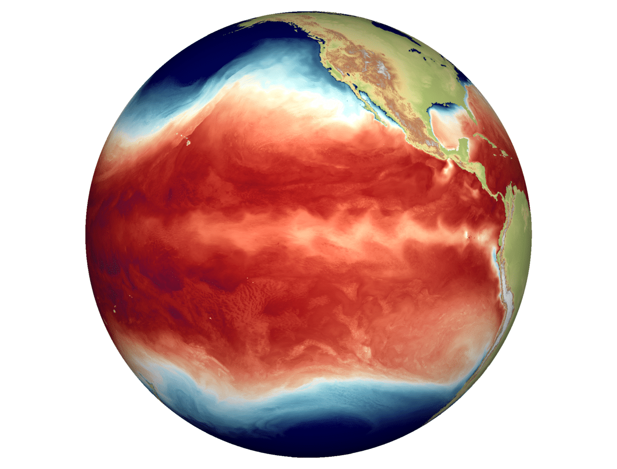Snapshot of eastern Pacific sea surface temperatures, showing temperature pattern for a typical La Niña event with equatorial cold temperatures and wave-like structure west of the Galapagos Islands simulated by a high-resolution climate model. Blue to red color shading indicates a transition from colder to warmer surface conditions. The amplitude of La Niña and El Niño conditions can intensify in response to global warming, and the succession of these extremes will also become more regular.