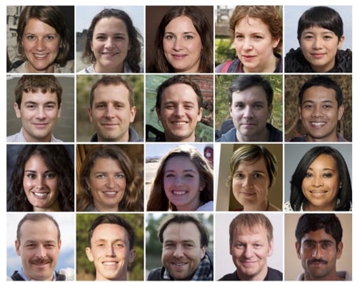 Participants were asked to decipher between real and fake faces. The top two rows contain AI-generated faces. The bottom two rows contain real faces.