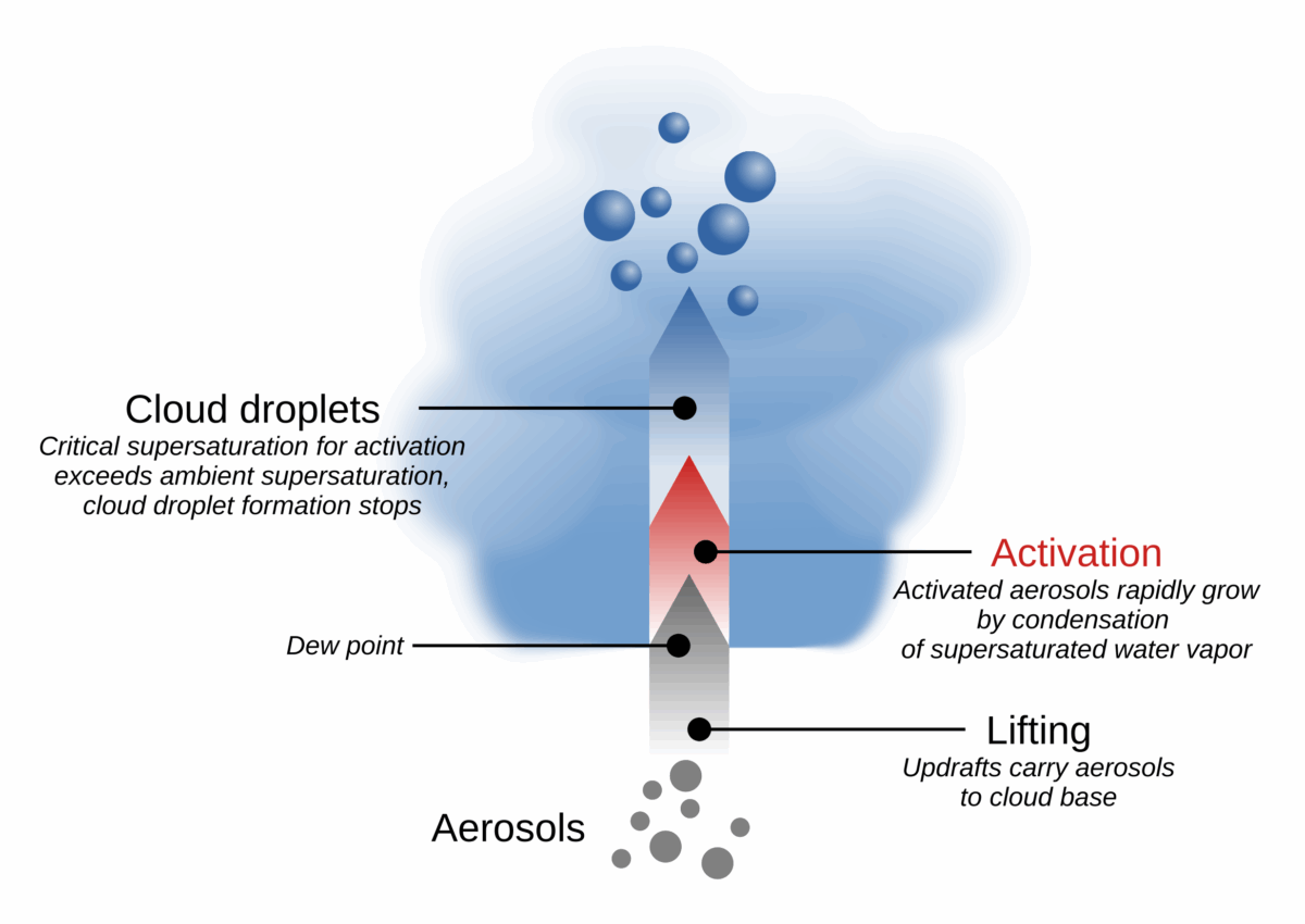Aerosol particles form cloud droplets by attracting water vapor.