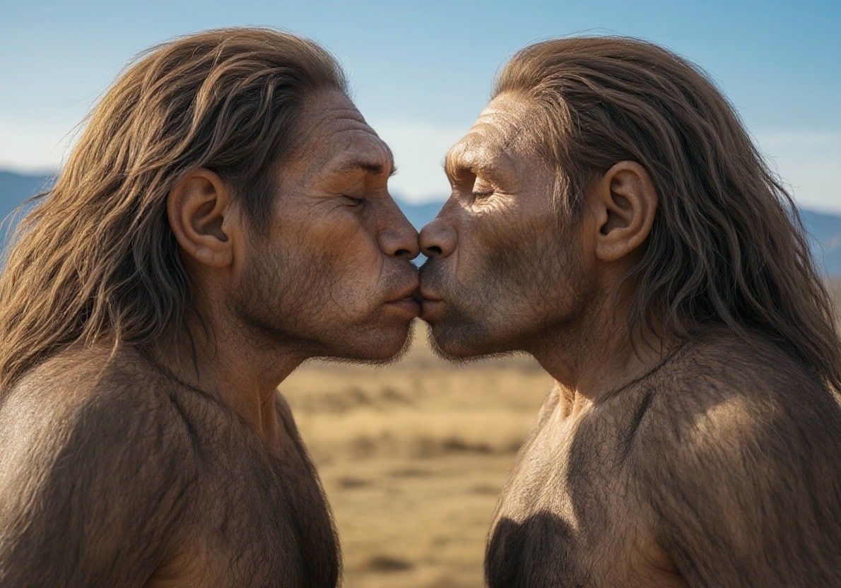 Neanderthal couple kissing