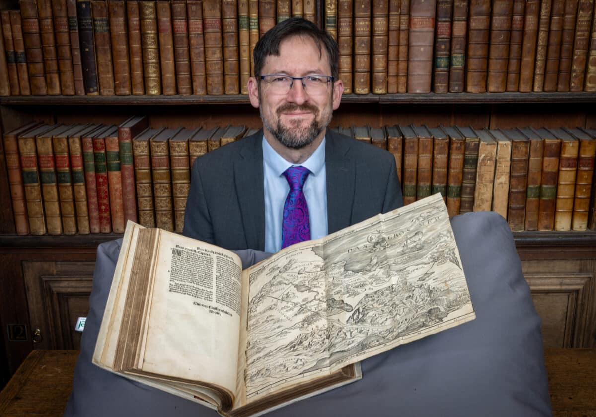 Professor Nathan MacDonald with the Bible map