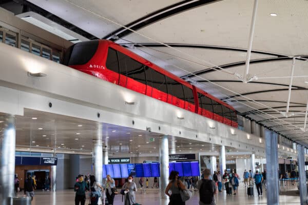 View of the McNamara Terminal and Delta Express Tram at Detroit Metropolitan Wayne County Airport.