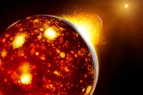 Artist’s impression of the collision between the early Earth and Theia. Since Theia originated in the inner Solar System, in this perspective the Sun can be seen in the background.