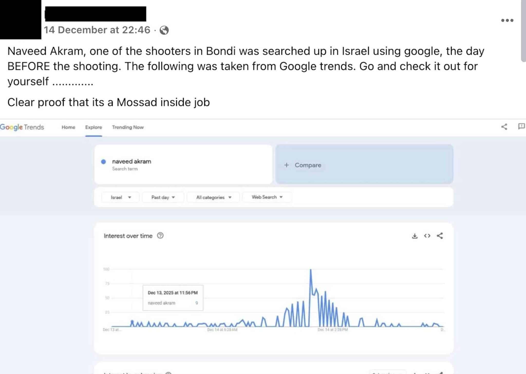 A Facebook post containing misinformation about the Bondi attacks