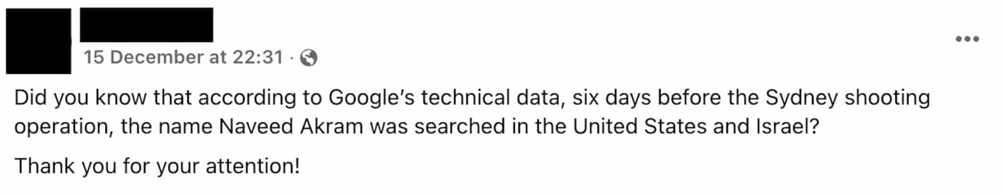 A Facebook post containing misinformation about the Bondi attacks.