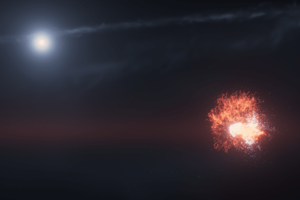 This artist’s concept shows the violent collision of two massive objects in orbit around the star Fomalhaut.