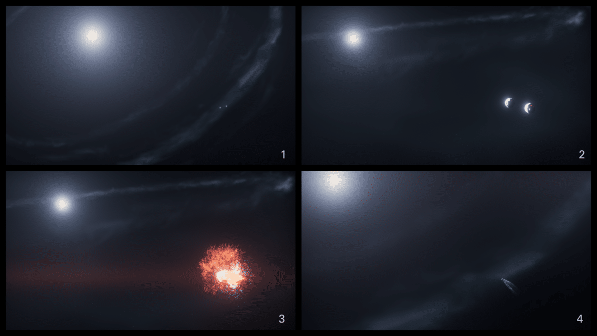 This artist’s concept shows the sequence of events leading up to the creation of dust cloud cs2 around the star Fomalhaut.