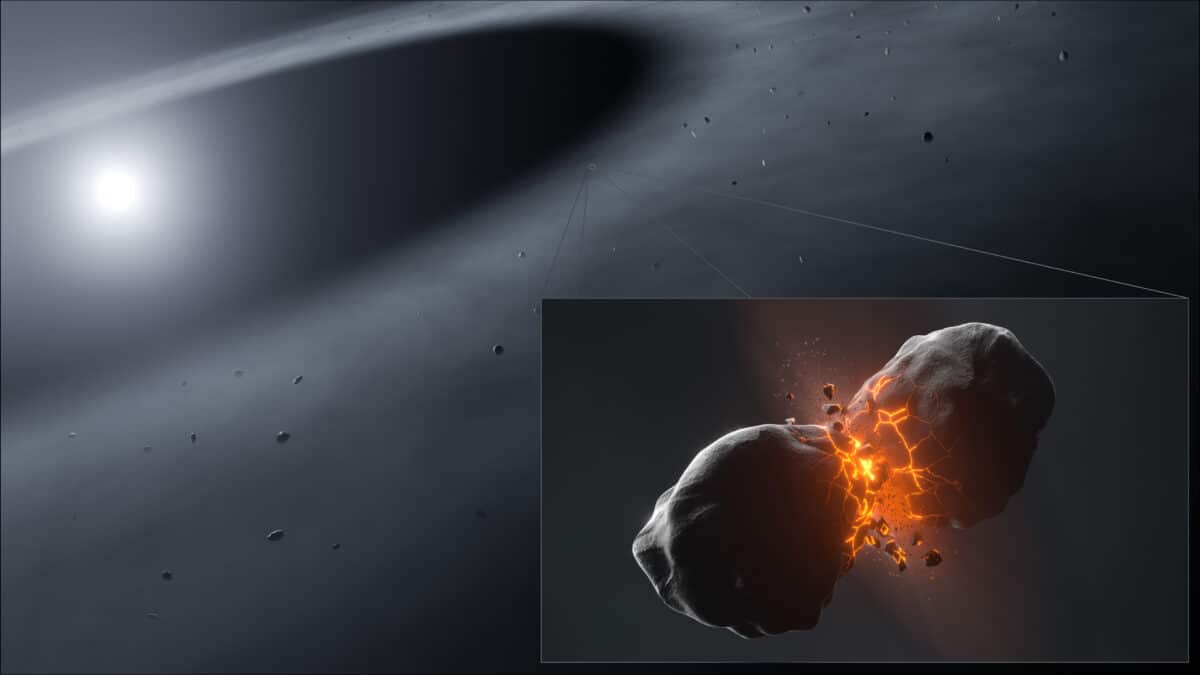 Artistic representation of the collision of two planetesimals in the circumstellar disc of the star Fomalhaut.