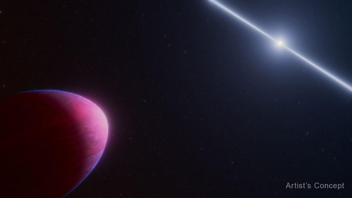 This artist’s concept shows what the exoplanet called PSR J2322-2650b (left) may look like as it orbits a rapidly spinning neutron star called a pulsar (right).