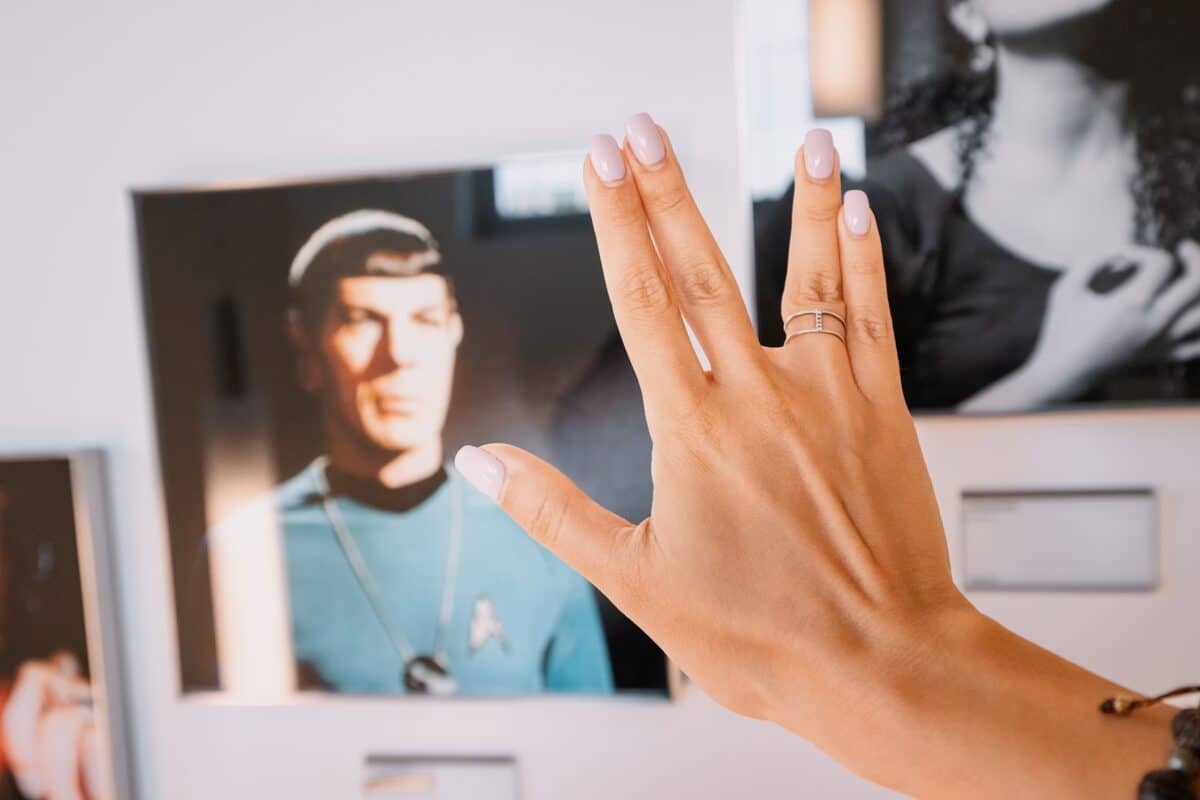 Greeting with an open palm of the character Spock from the cult TV series Star Trek