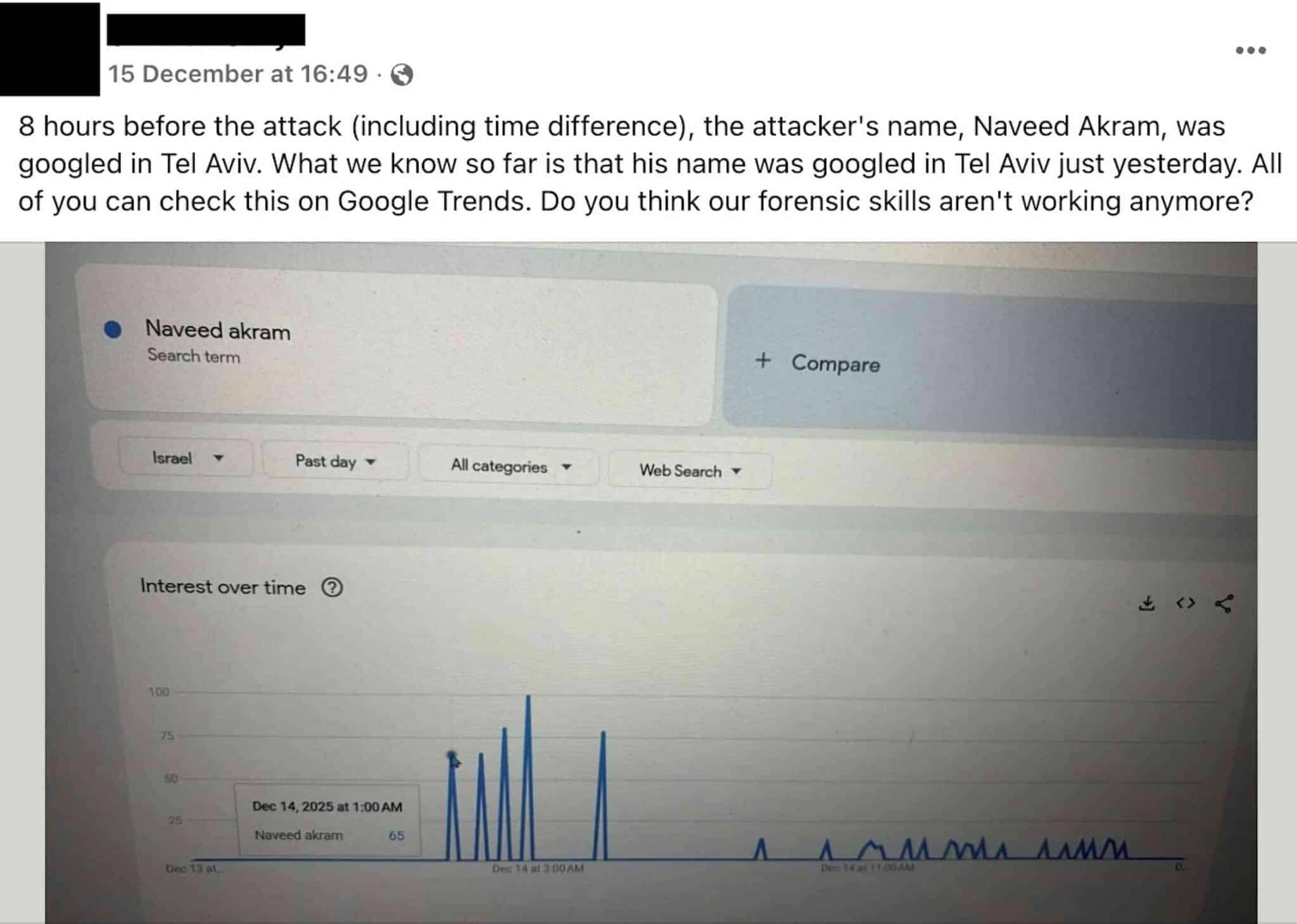 A Facebook post containing misinformation about the Bondi attacks