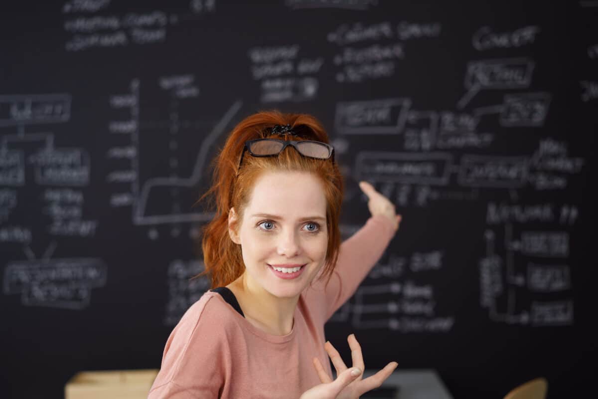 Young,Red,Haired,Woman,With,Glasses,Questioningly,Pointing,At,Black
