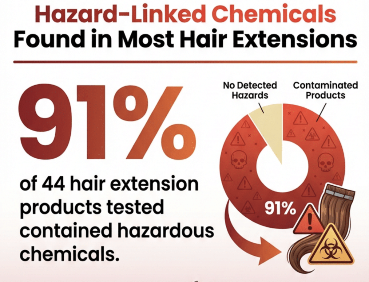 Hair extensions infographic: Hazard-linked chemicals in 91% of samples in study