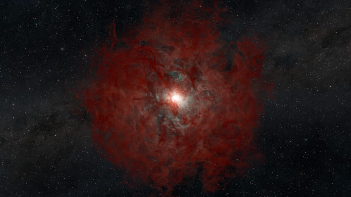 An illustration of a star that collapsed, forming a black hole. The black hole is at the center, unseen. Surrounding it is a dust shell moving away from the black hole and gas being pulled toward it.