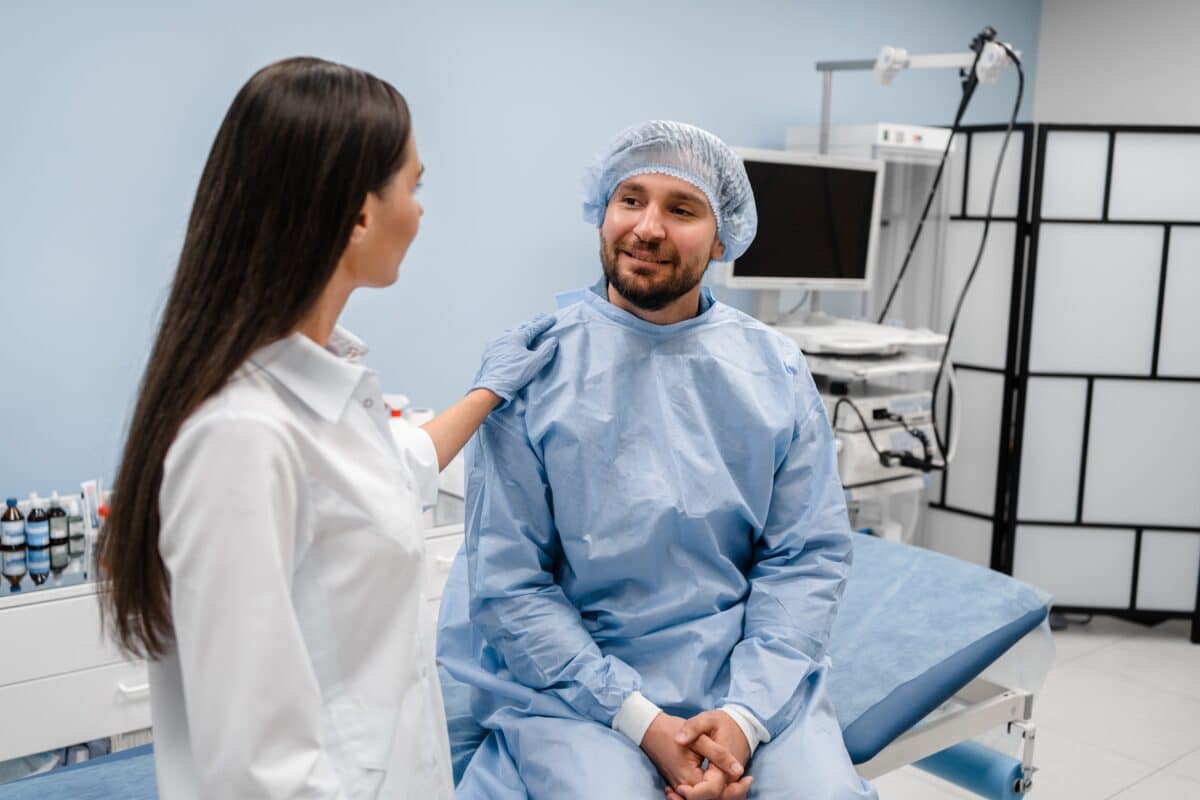Female,Doctor,Gastroenterologist,Calming,His,Male,Patient,Man,Before,The