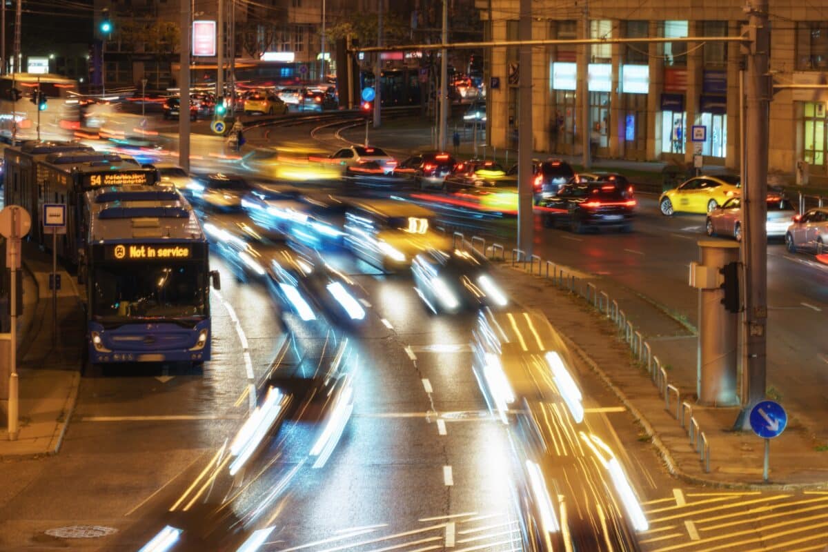 City,Streets,And,Road,Traffic,In,Budapest,,Hungary,,At,Night.