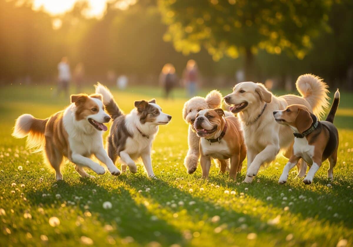 A,Joyful,Group,Of,Diverse,Dog,Breeds,Enthusiastically,Playing,And