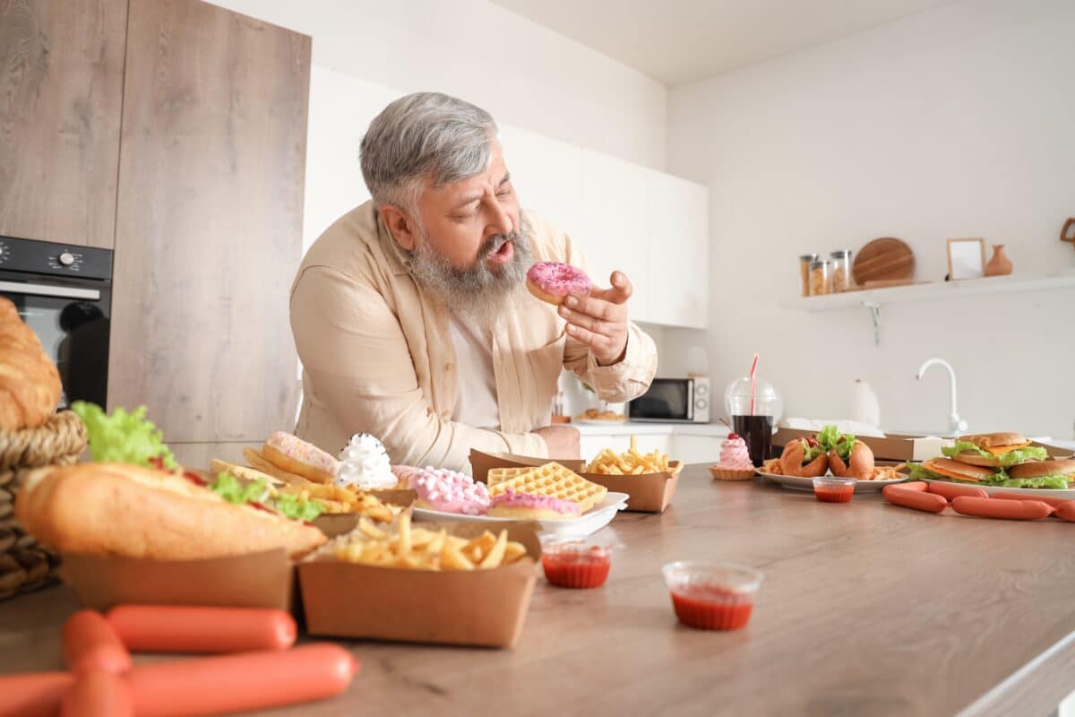 Overweight,Mature,Man,At,Table,Full,Of,Unhealthy,Food,In
