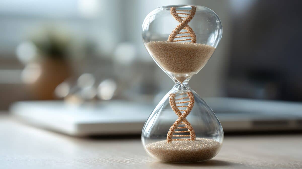 Hourglass with a DNA double helix and flowing sand, a symbolic representation of genetics, time, and the biological aging process. Ideal for science and health concepts.