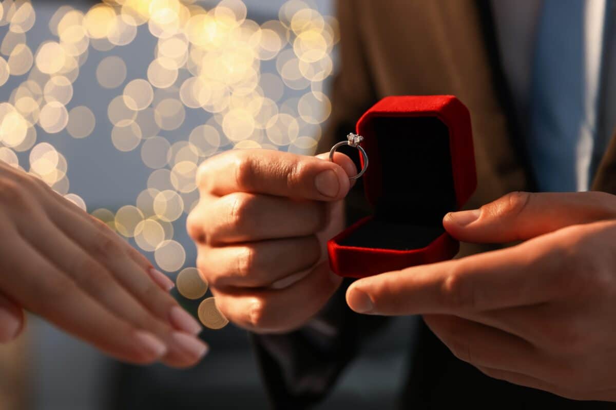 Man,With,Engagement,Ring,Making,Marriage,Proposal,To,His,Girlfriend