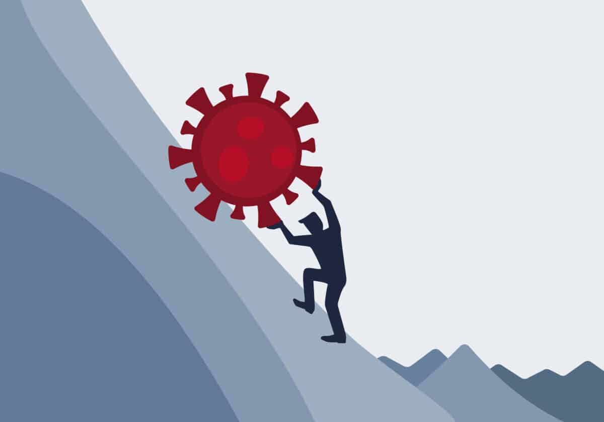 Long Covid patient with post viral fatigue syndrome pushing a metaphoric Coronavirus up a mountain.