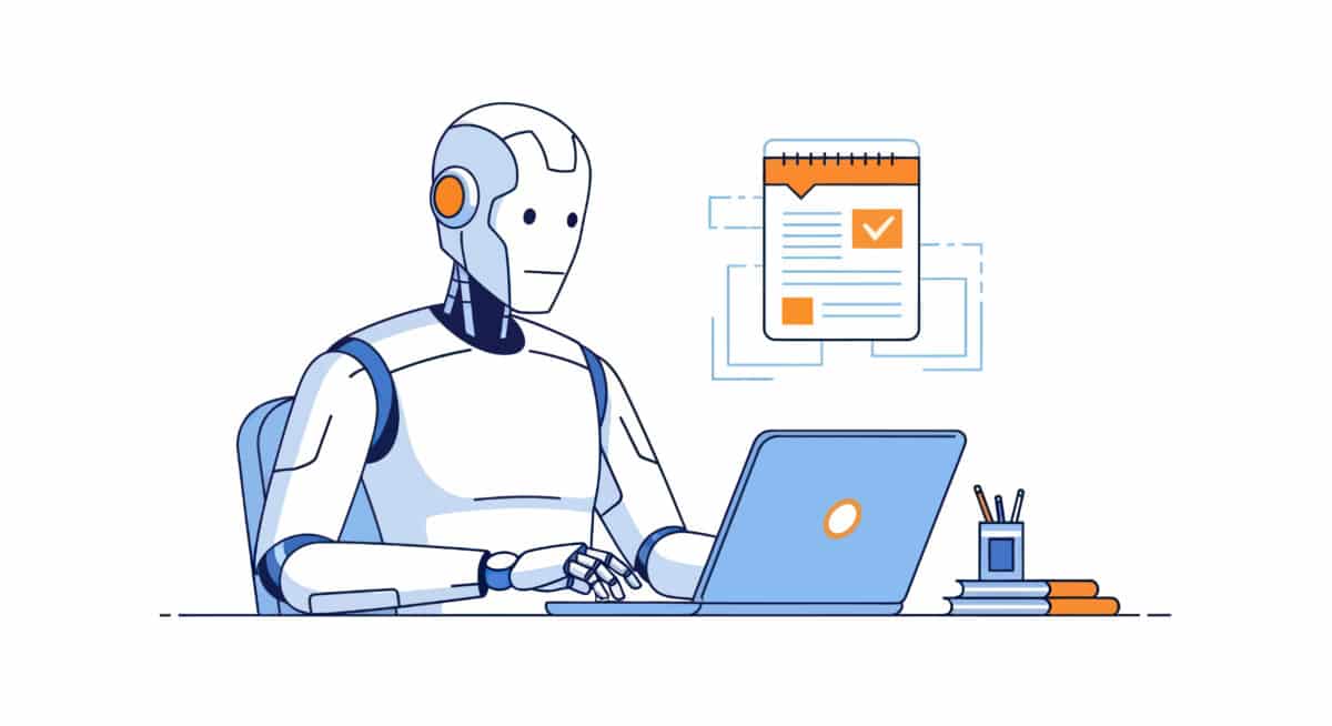 AI robot typing on a laptop computer in an office