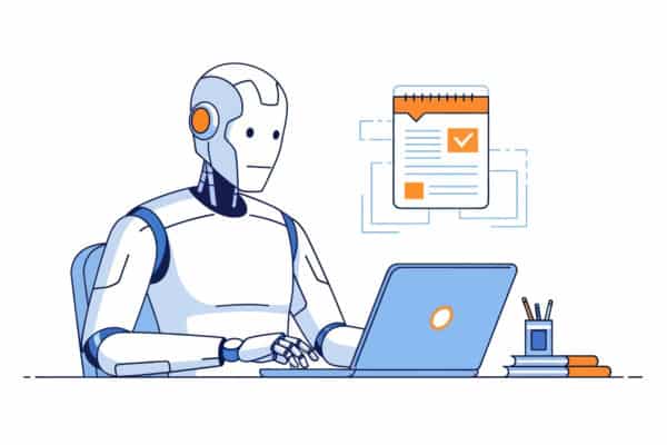 AI robot typing on a laptop computer in an office